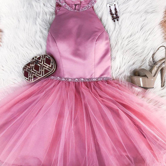 Halter Tulle A Line Ashley Pink Homecoming Dresses Sleeveless Short Pleated Simple Beading