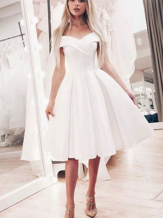 Off The Shoulder Pleated A Line Homecoming Dresses Satin Ivory Nan Knee Length