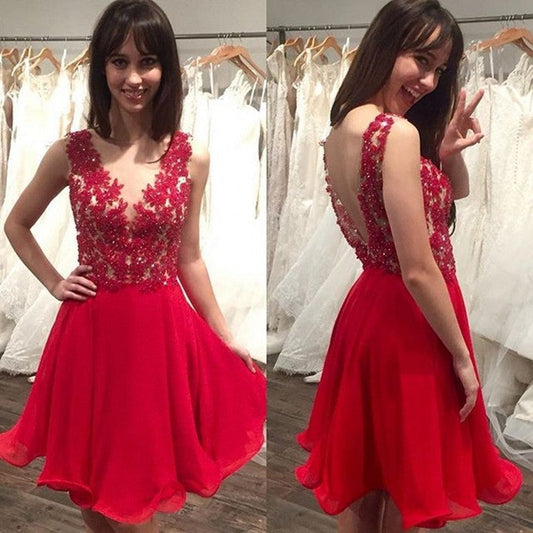 Sheer Red Homecoming Dresses Danika A Line Appliques Organza Pleated Backless Short Sleeveless
