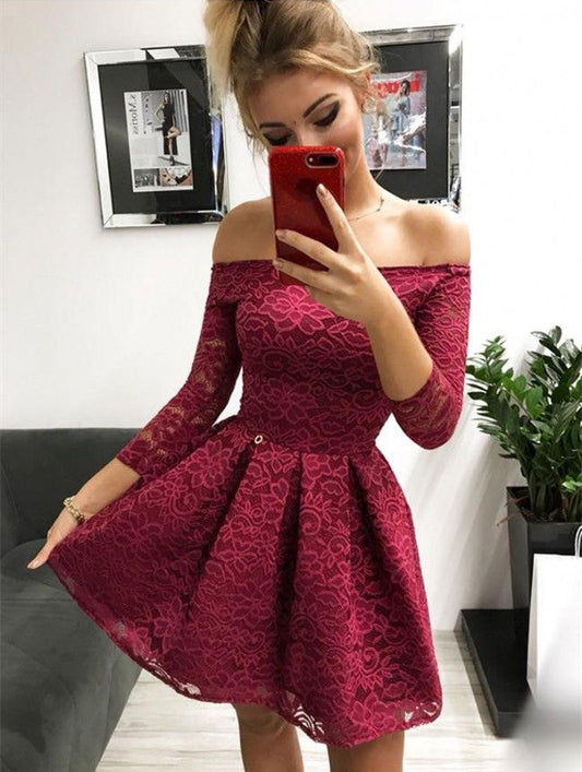 3/4 Sleeve Off A Line Homecoming Dresses Lace Jordin The Shoulder Pleated Short Burgundy Flowers