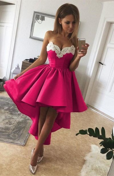 High Low A Line Homecoming Dresses Helen Fuchsia Strapless Sweetheart Appliques Pleated