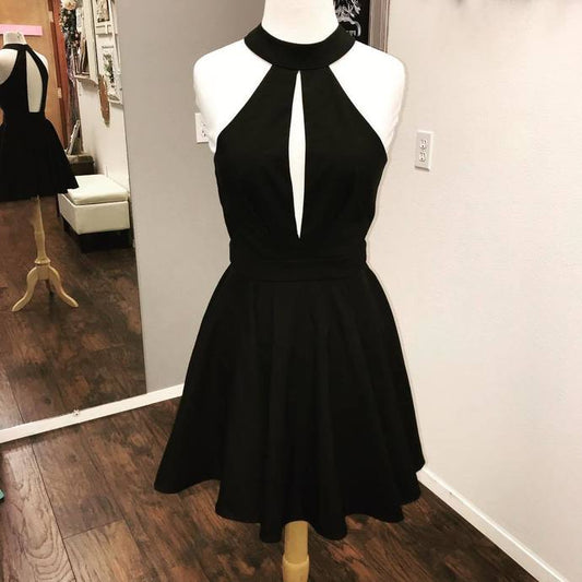 Halter Black Cindy Satin A Line Homecoming Dresses Sleeveless Cut Out Pleated Backless Short
