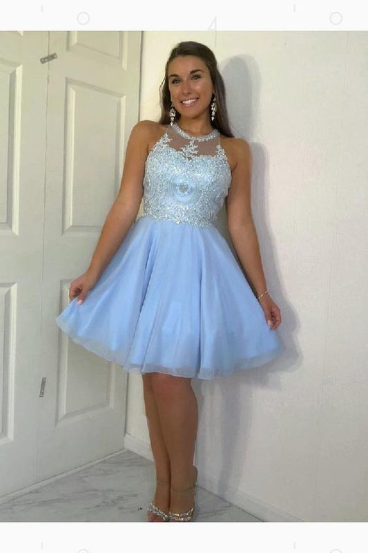 Halter Azaria Homecoming Dresses A Line Pleated Tulle Appliques Knee Length Sleeveless