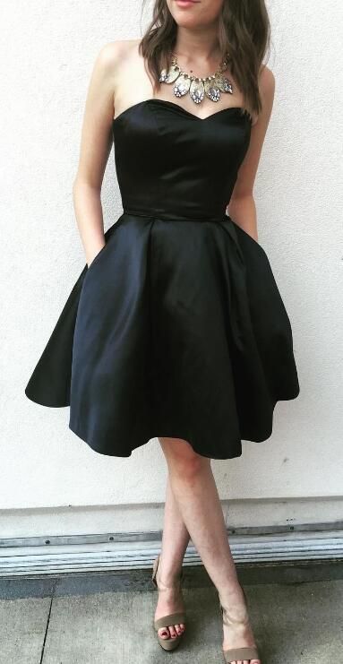 Black A Line Satin Arabella Homecoming Dresses Strapless Sweetheart Pockets Backless Pleated