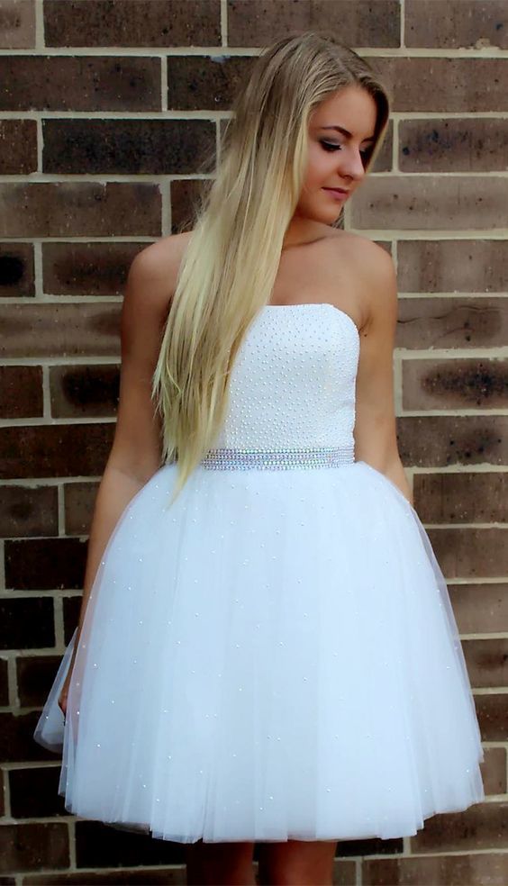 Mikayla Homecoming Dresses Strapless Ball Gown Tulle Beading Short White Pleated Princess