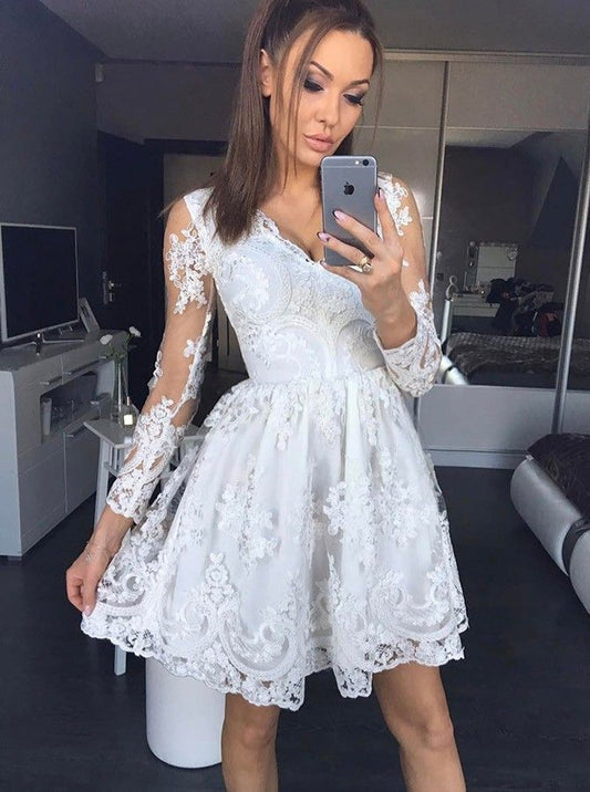 Long Sleeve White Deep V Neck Madelyn A Line Homecoming Dresses Lace Pleated Sheer Short