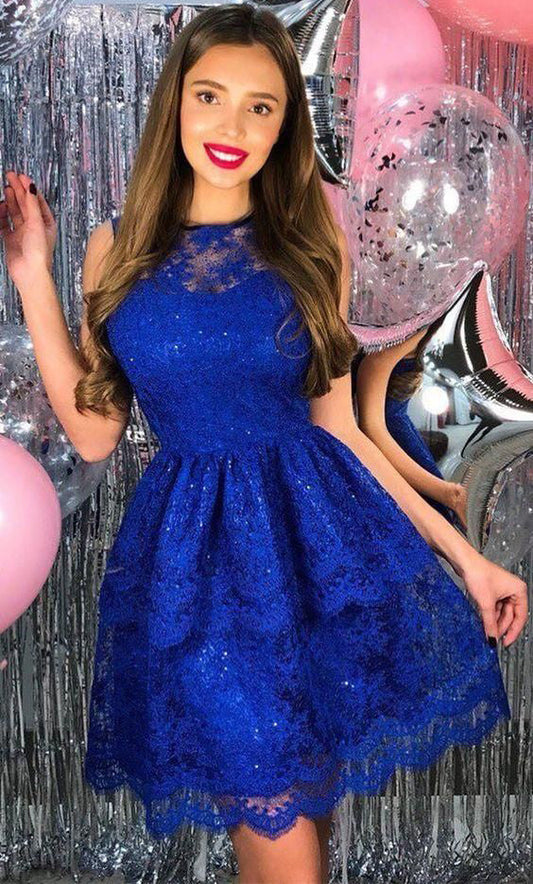 A Line Royal Blue Homecoming Dresses Lace Angeline Jewel Sleeveless Pleated Elegant Sexy Short
