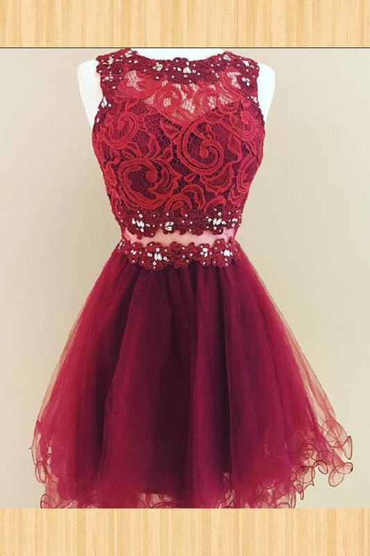 Short Sleeveless Jewel Alison Lace A Line Homecoming Dresses Flowers Organza Burgundy