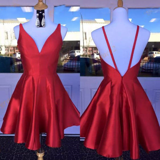 Deep V Neck Red Straps Backless Sleeveless Anna Homecoming Dresses Satin A Line Pleated