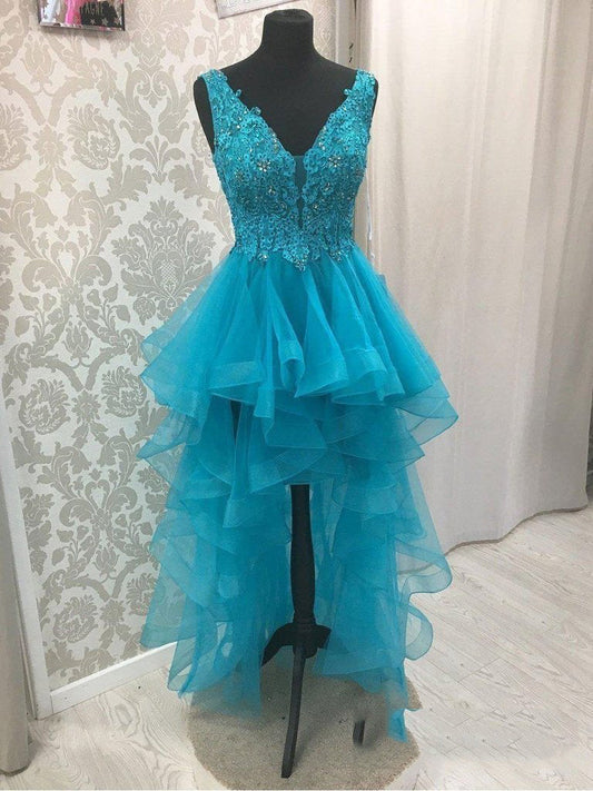Blue V Neck High Low Organza Pleated Kinley Homecoming Dresses Appliques Backless Sleeveless