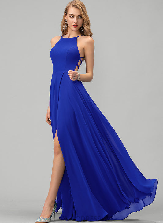 Split Front Floor-Length Chiffon Prom Dresses With A-Line Scoop Hannah Neck