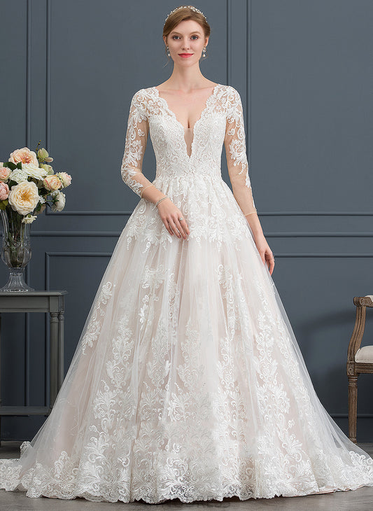 Ball-Gown/Princess Wedding V-neck Lacey Lace Wedding Dresses Dress Tulle