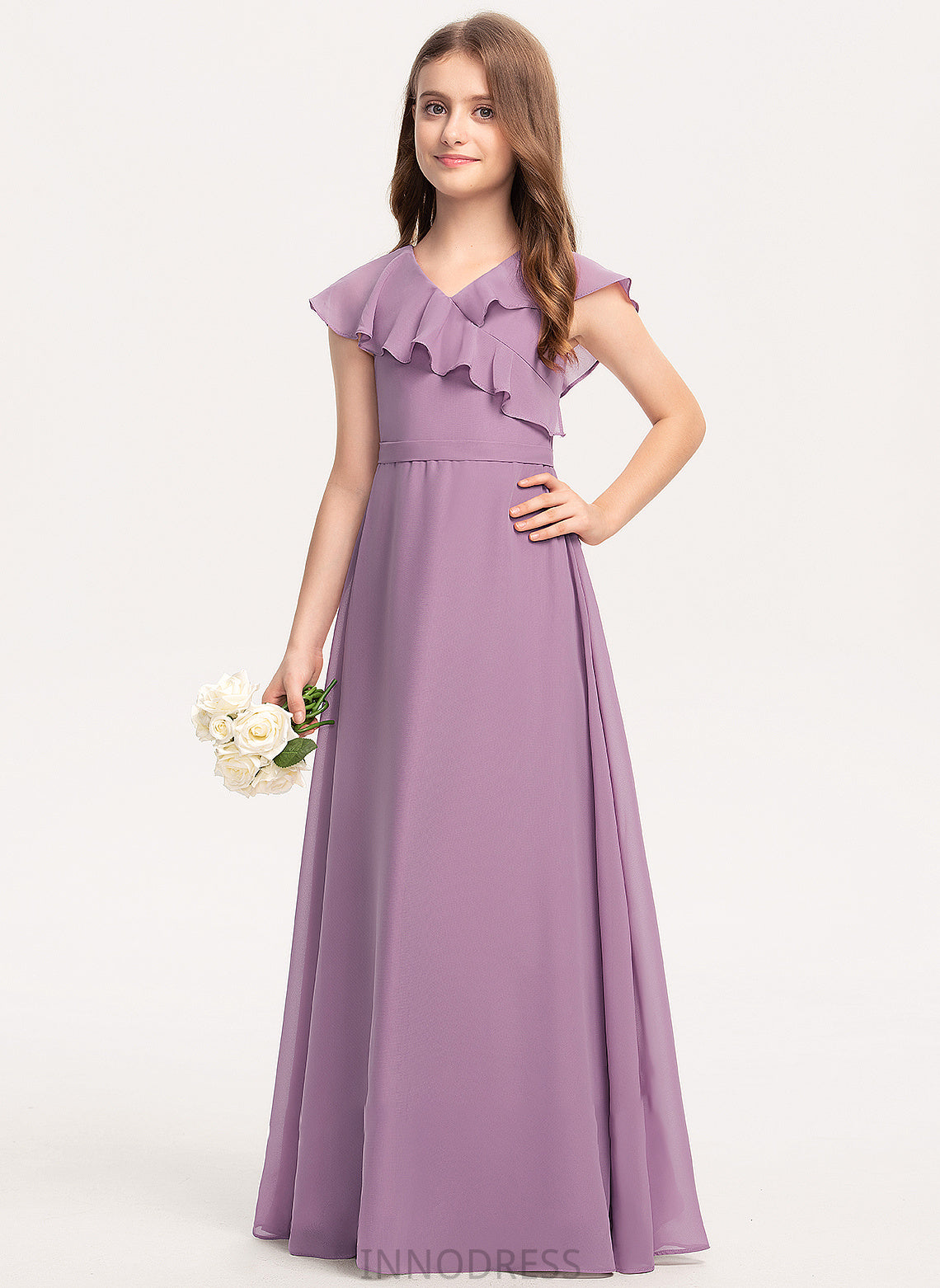 Ruffles A-Line Junior Bridesmaid Dresses Floor-Length With V-neck Bow(s) Molly Cascading Chiffon