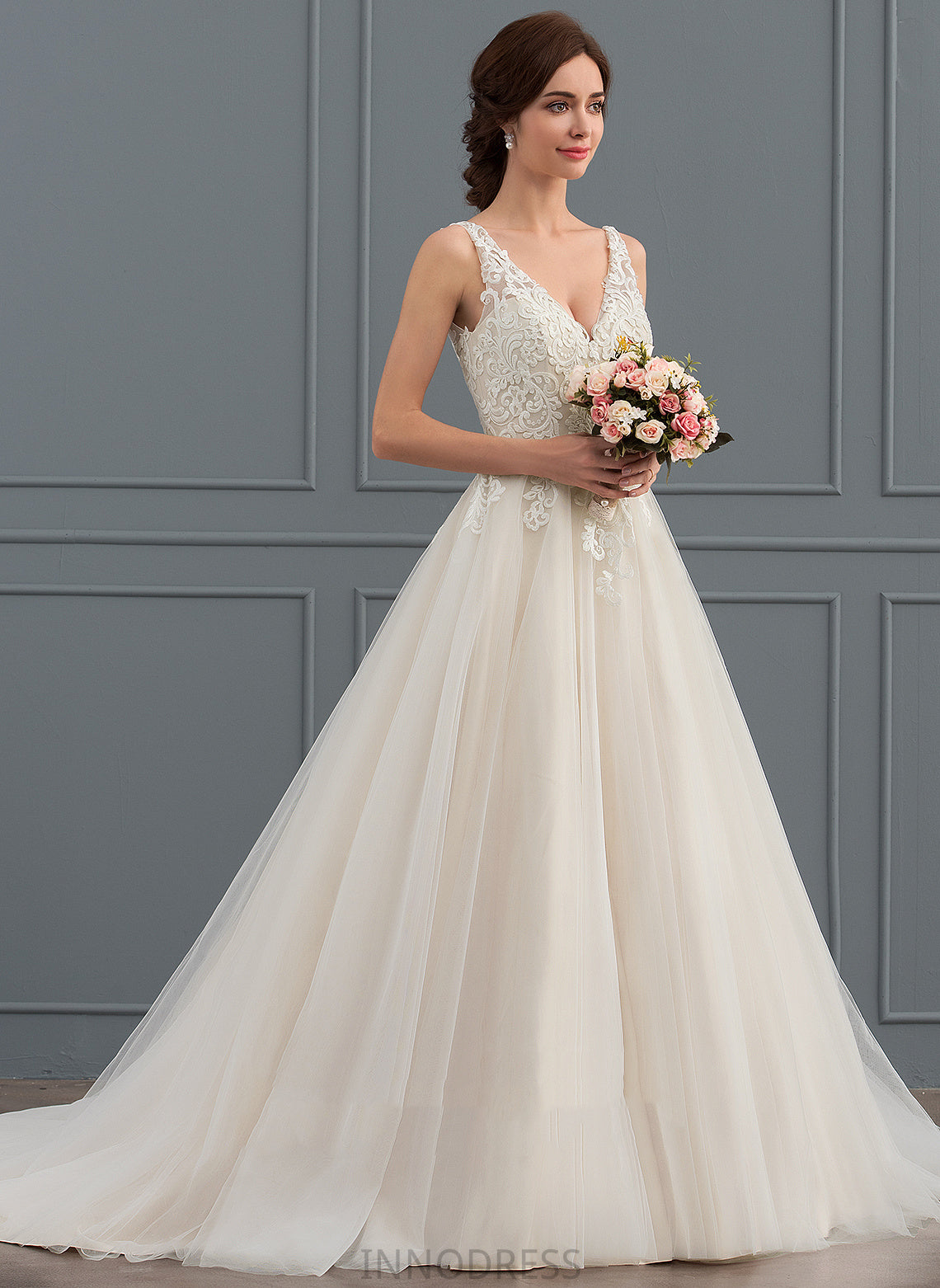 Wedding V-neck Lace Dress Court Wedding Dresses Tulle Train Ball-Gown/Princess Lola