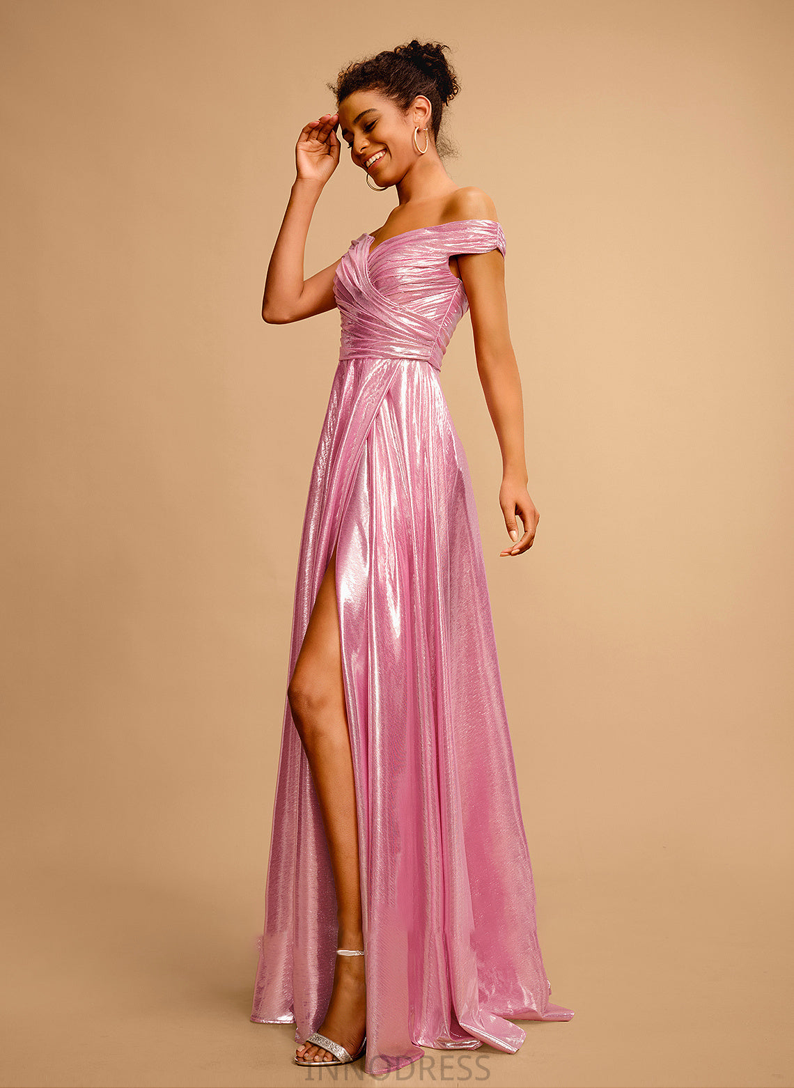 A-Line Sequins Pleated Off-the-Shoulder Satin Prom Dresses Floor-Length Madison With