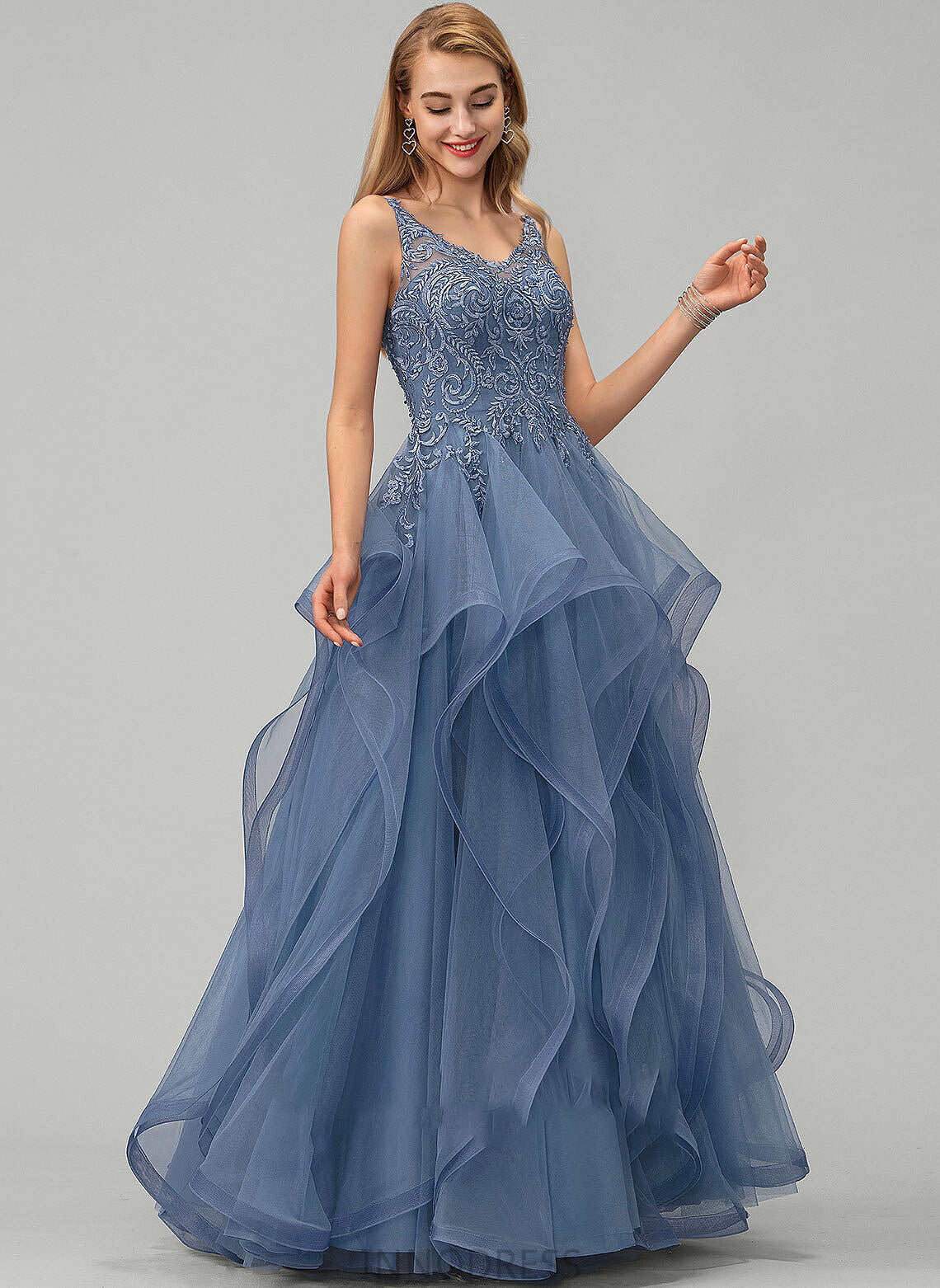 Monica Sequins Beading Tulle With Lace Ball-Gown/Princess Prom Dresses Floor-Length V-neck