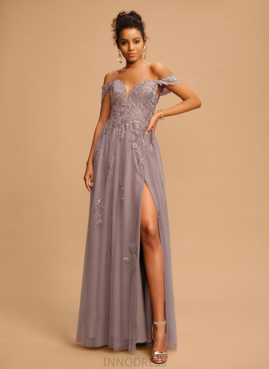 Maeve With A-Line Off-the-Shoulder Floor-Length Tulle Prom Dresses Sequins