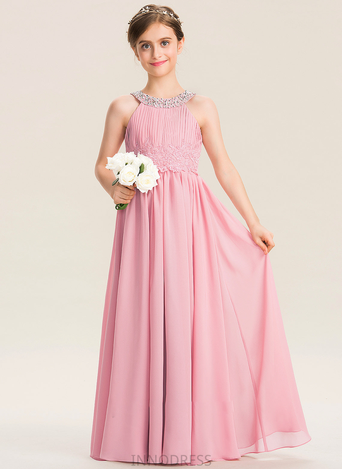 Mallory Neck Sequins Beading Lace Scoop Ruffle With Chiffon Junior Bridesmaid Dresses A-Line Floor-Length