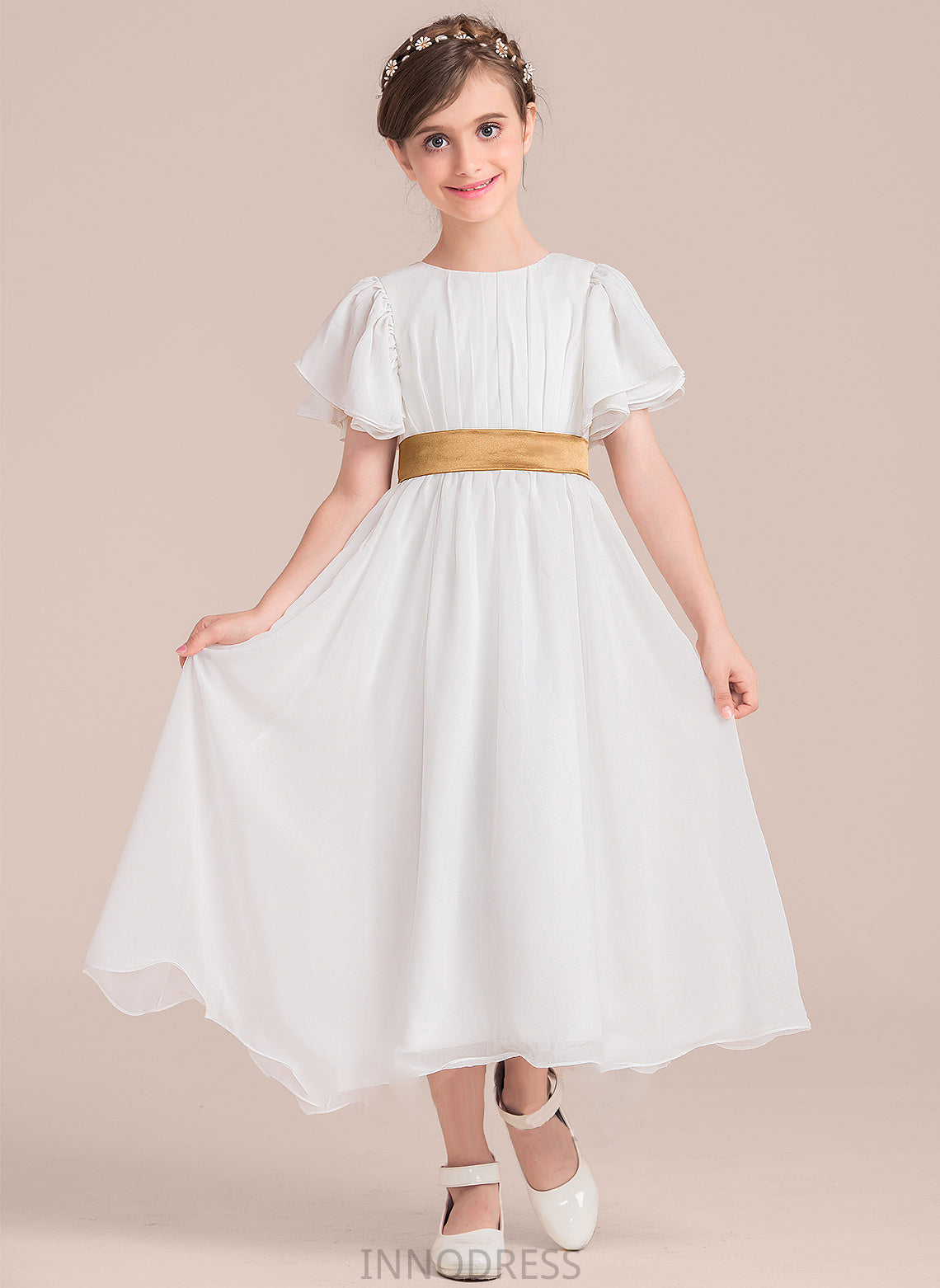 Amber Scoop Junior Bridesmaid Dresses Sash With A-Line Neck Chiffon Ruffle Tea-Length