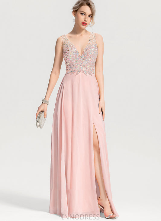 Chiffon Prom Dresses Sequins V-neck A-Line With Split Floor-Length Jaylin Beading Front