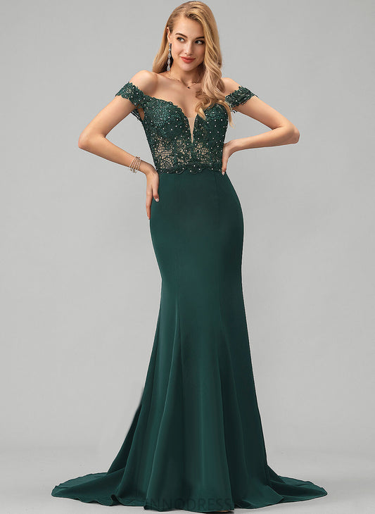 Sweep Train Kylie Prom Dresses With Trumpet/Mermaid Off-the-Shoulder Beading Stretch Crepe Sequins
