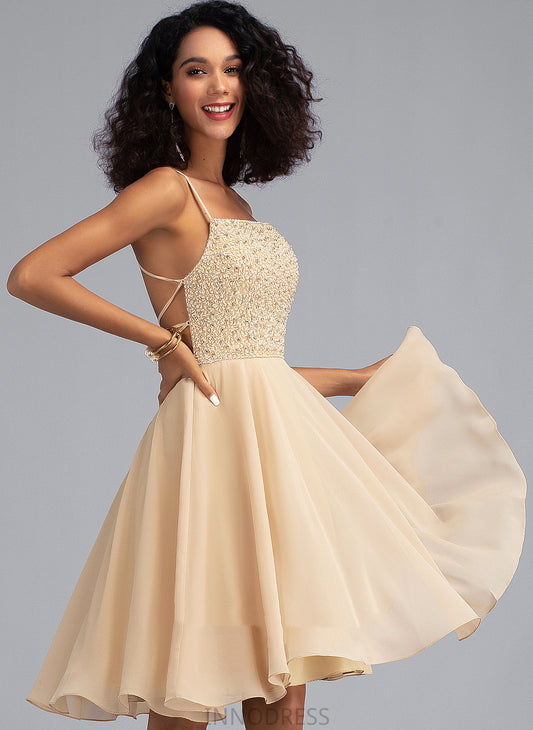 A-Line Beading Square Chiffon Leilani Homecoming Homecoming Dresses Sequins With Knee-Length Dress Neckline