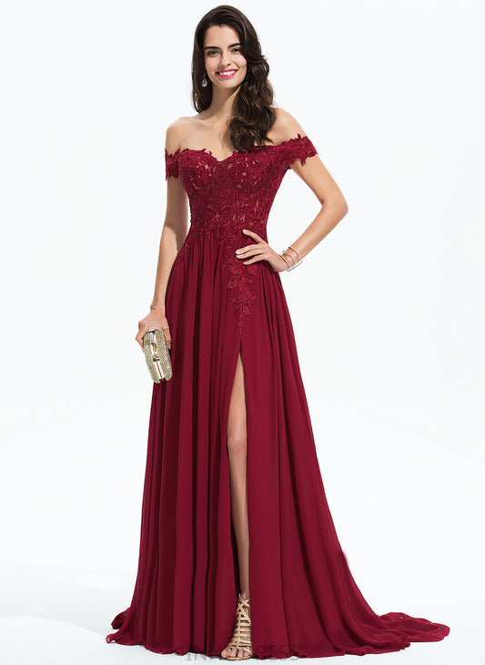 A-Line Prom Dresses Lace Chiffon Off-the-Shoulder Laci With Train Sequins Sweep
