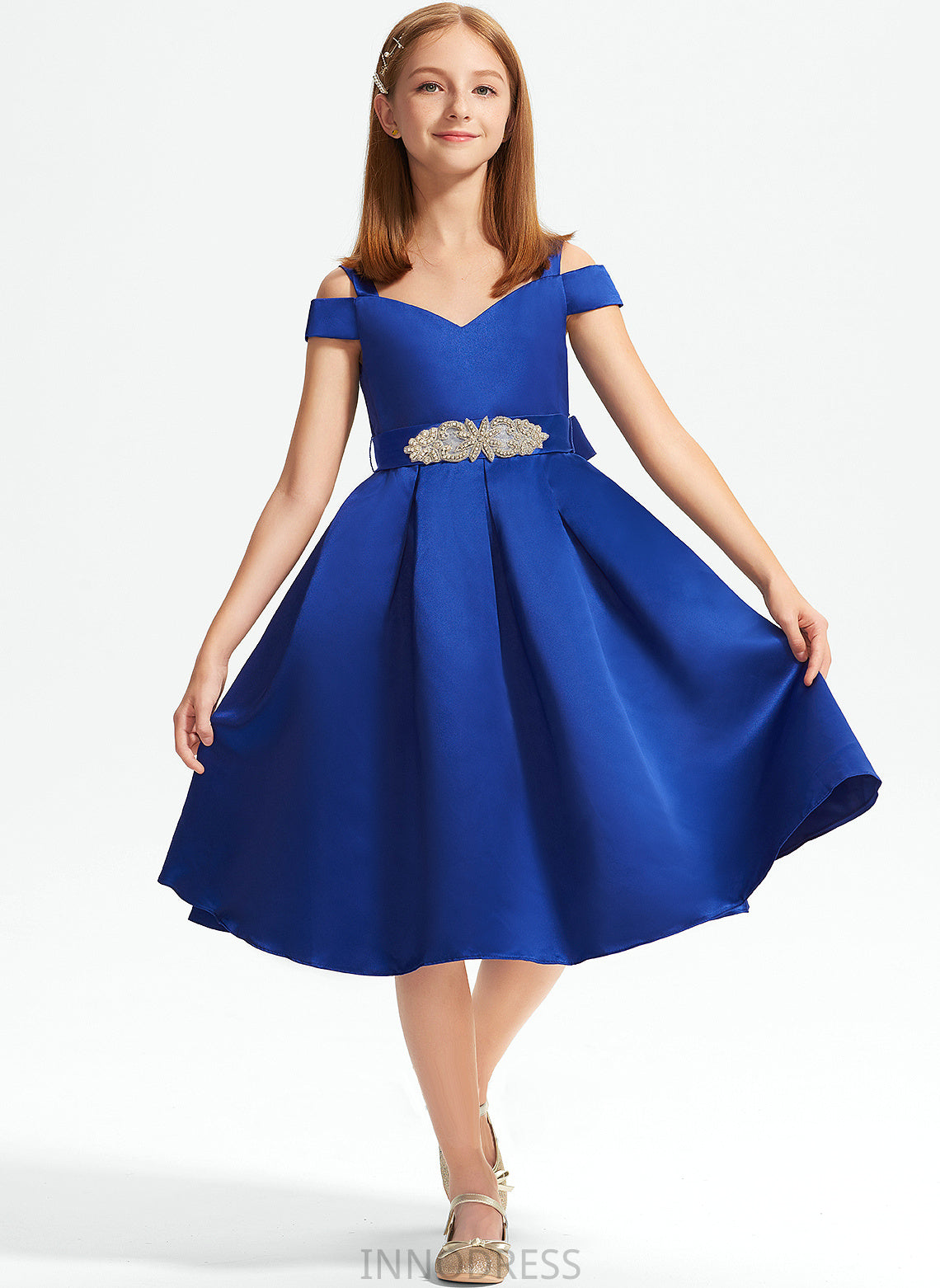 Beading Junior Bridesmaid Dresses With Satin Knee-Length A-Line Briley Bow(s) Off-the-Shoulder