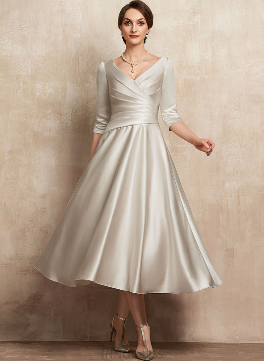 Ruffle Satin A-Line Tea-Length Nathaly Bride Mother of the Bride Dresses With Mother Dress V-neck the of