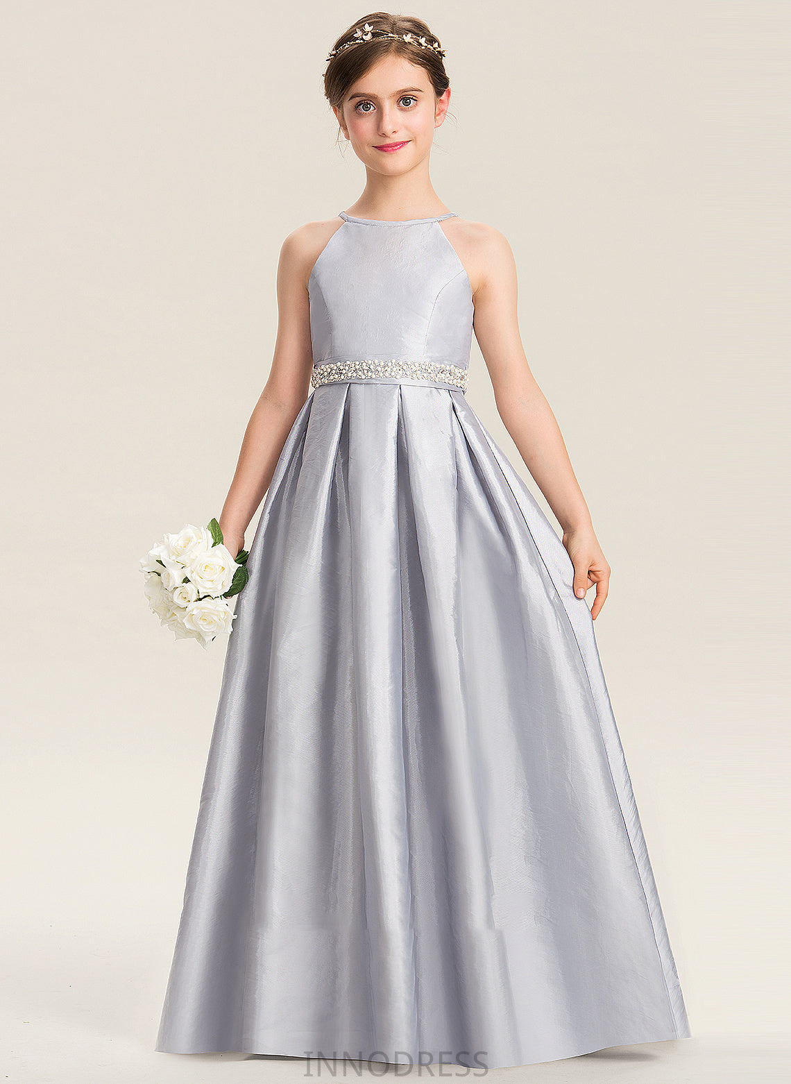 Bow(s) Scoop With Floor-Length Neck Beading A-Line Karley Junior Bridesmaid Dresses Taffeta