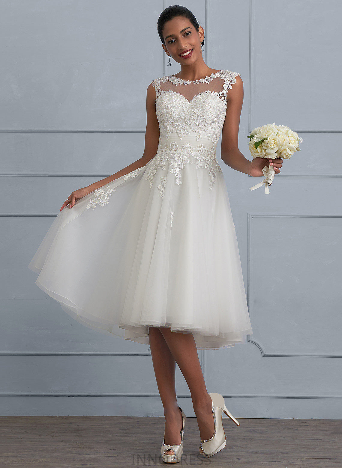 Wedding With A-Line Diamond Dress Illusion Tulle Wedding Dresses Asymmetrical Ruffle