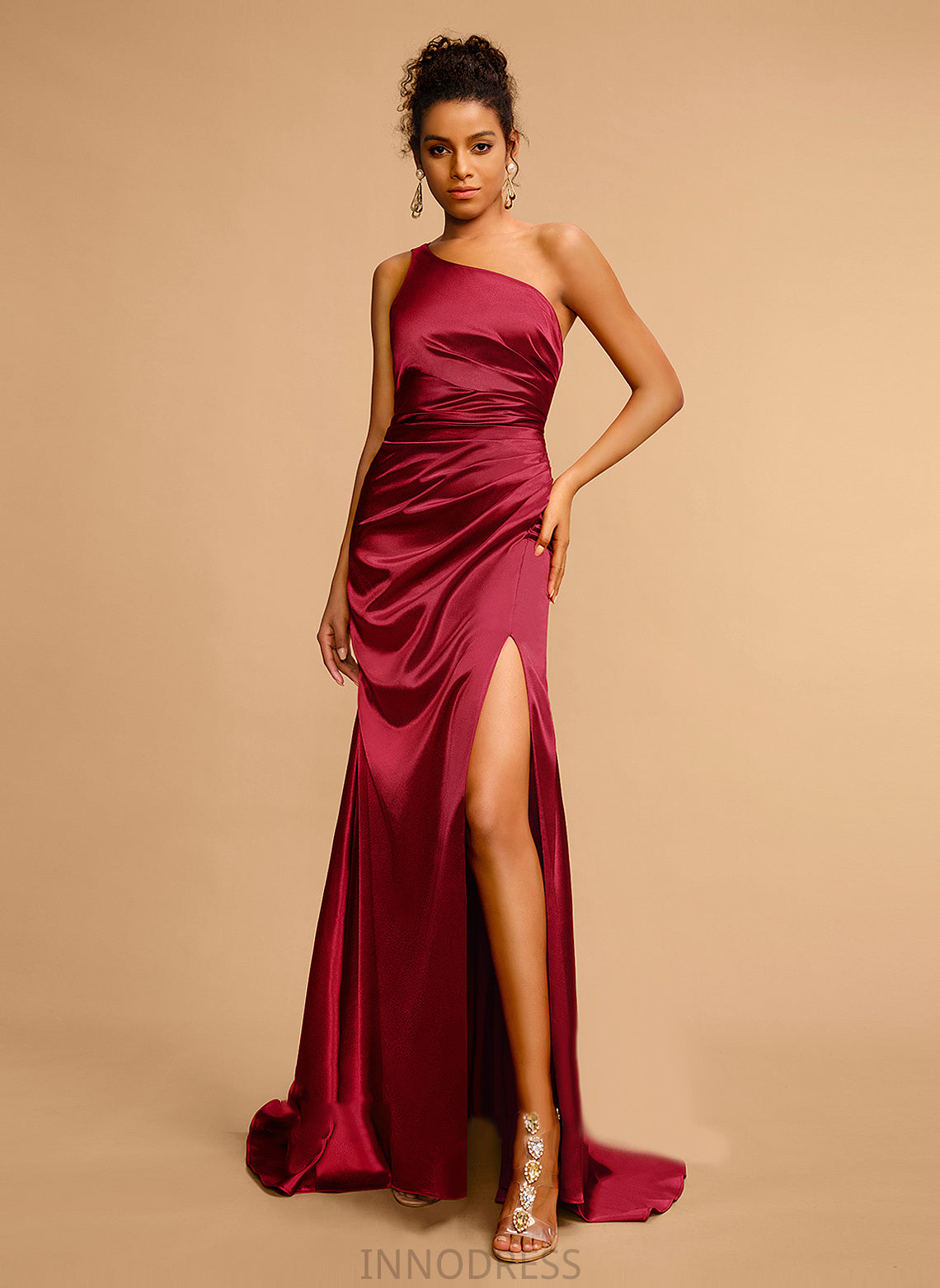 Pleated Prom Dresses Front Satin Train Sweep With One-Shoulder Kailey Sheath/Column Split