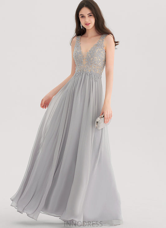 Prom Dresses Lace Dulce With Chiffon A-Line Rhinestone Floor-Length V-neck