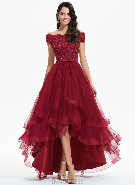 Tulle Alisa Lace Prom Dresses With Bow(s) Beading Off-the-Shoulder A-Line Sequins Asymmetrical