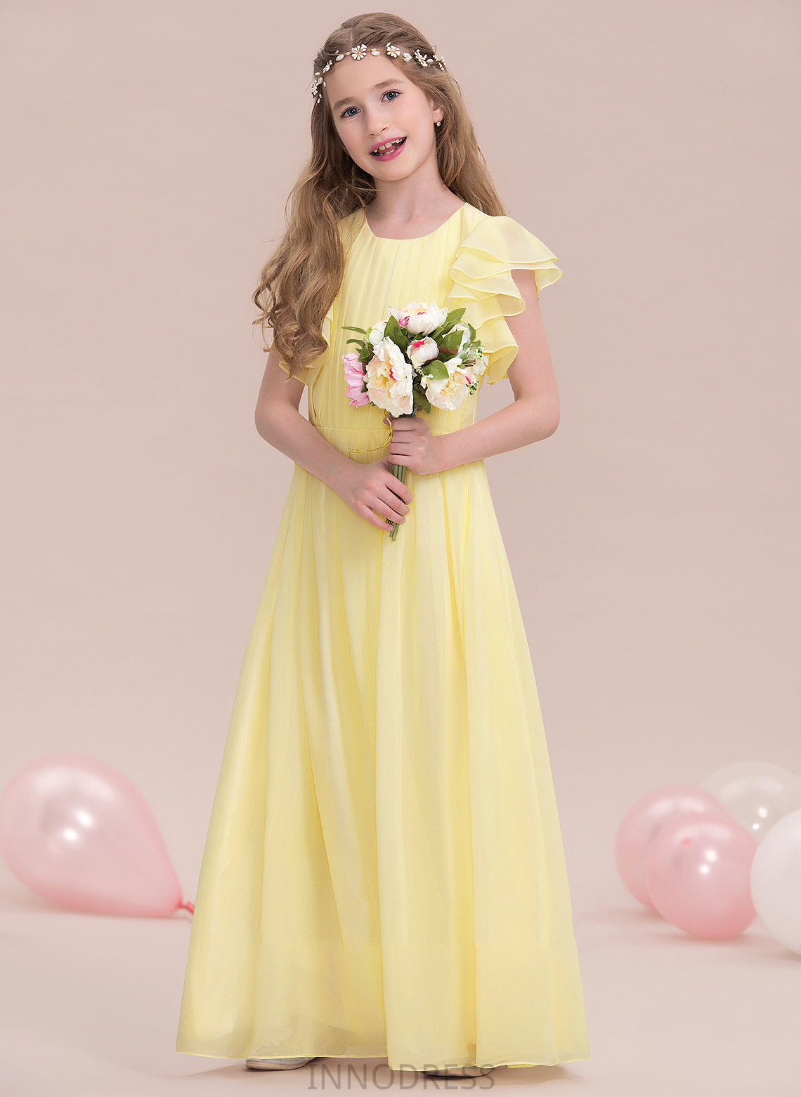 Shayna A-LineScoopNeckFloor-LengthChiffonJuniorBridesmaidDressWithRuffleCascadingRuffles#123850 Junior Bridesmaid Dresses
