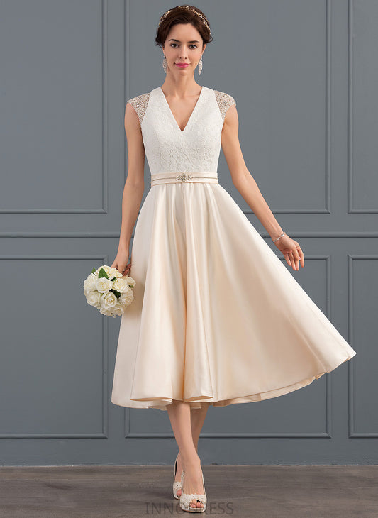 V-neck Lace Dress Satin Kaliyah Wedding Dresses A-Line Beading Sequins Tea-Length Wedding With