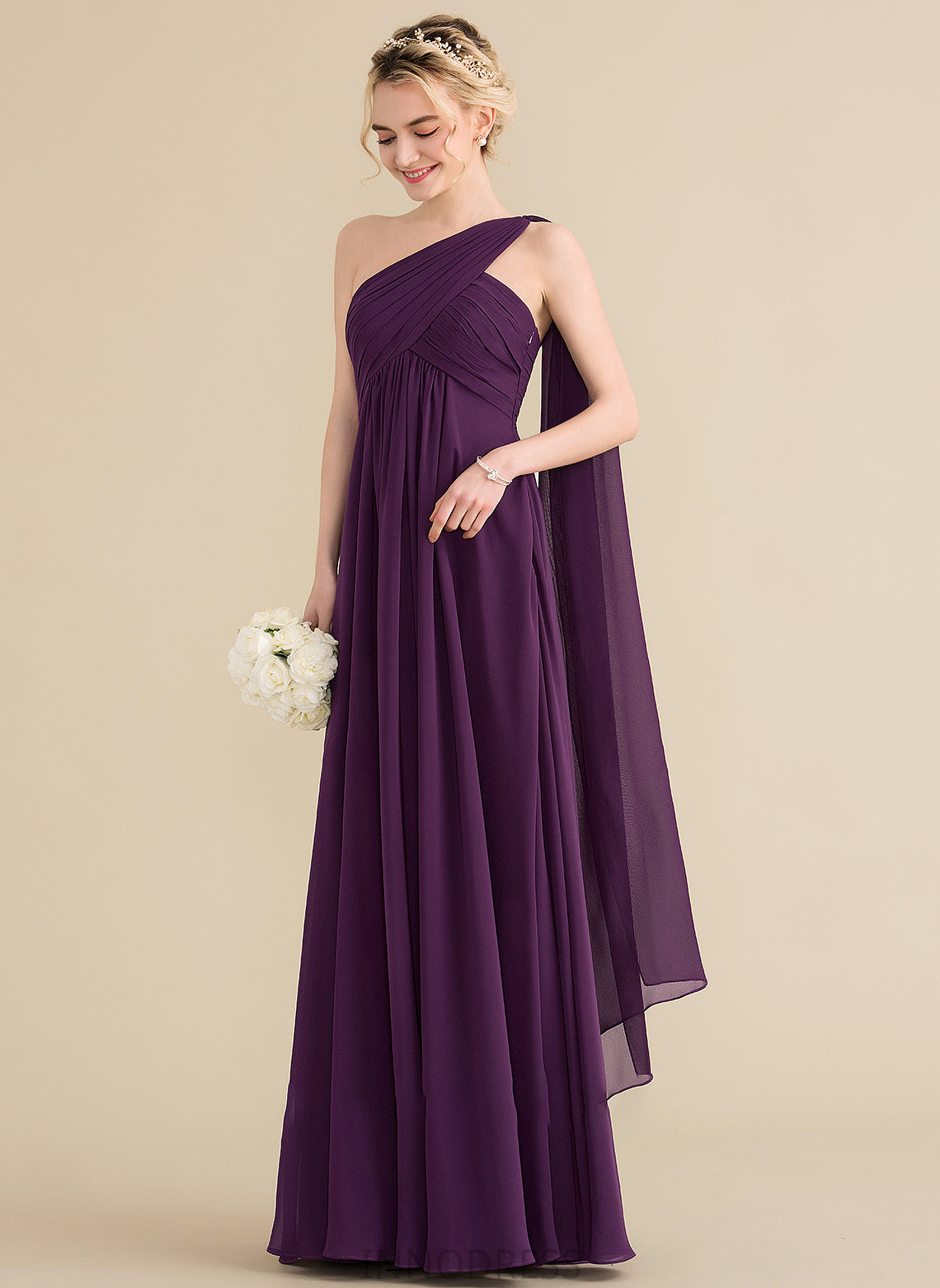 One-Shoulder Silhouette Fabric A-Line Ruffle Neckline Floor-Length Length Embellishment Alanna Natural Waist Short/Mini