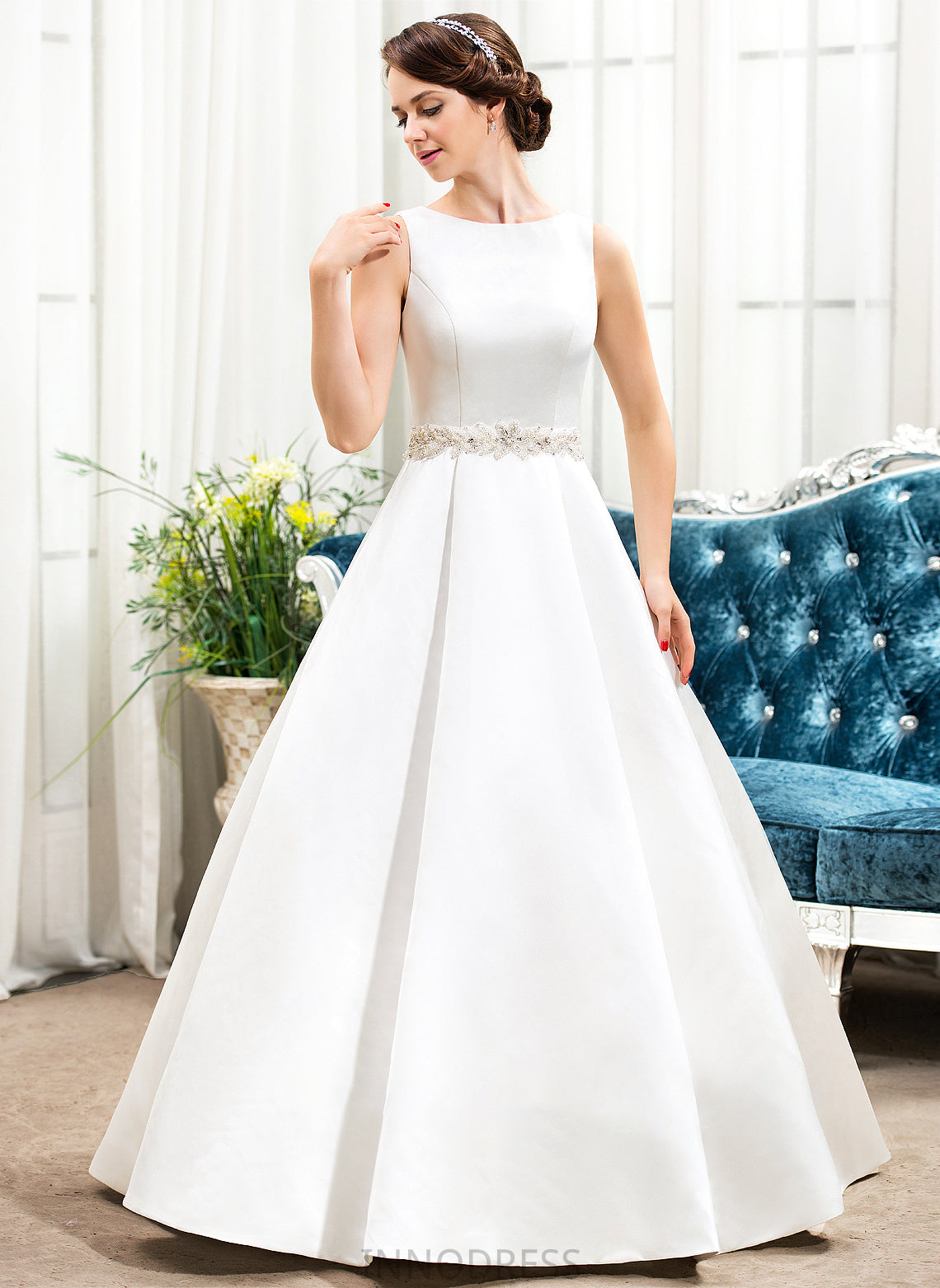 Ball-Gown/Princess Satin Megan Sequins Neck Wedding Dresses Dress Scoop With Floor-Length Wedding Beading