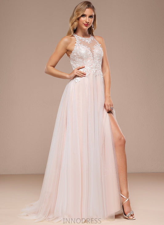 Train Dress A-Line Tulle Beading Halter With Wedding Danna Wedding Dresses Lace Sequins Sweep