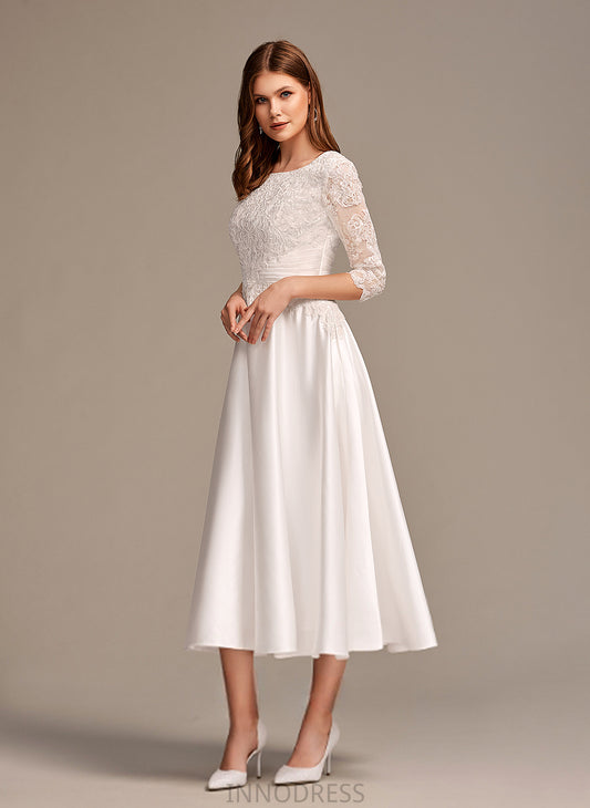 Tea-Length Wedding Dresses Scoop Toni Satin Dress Wedding A-Line Lace