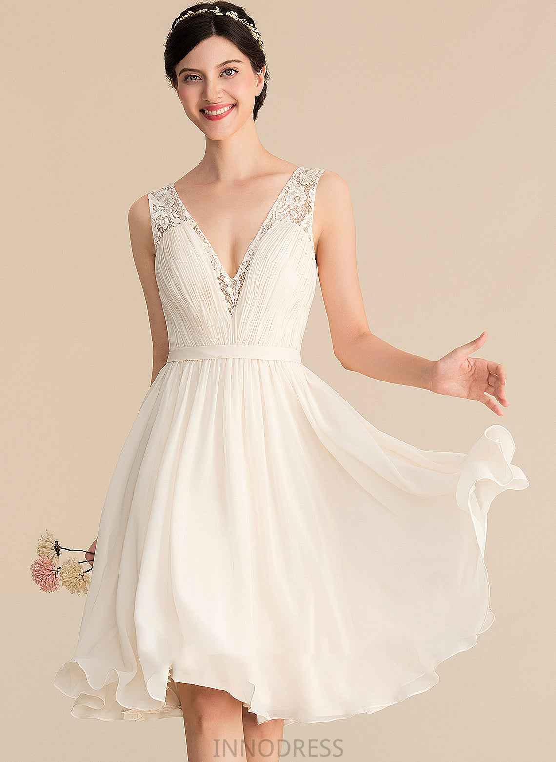 Knee-Length Lace Yoselin A-Line V-neck Wedding Dresses Ruffle Wedding With Dress Chiffon
