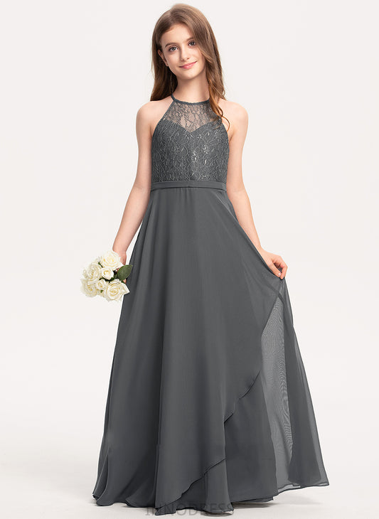 A-Line Cascading Michelle Scoop Ruffles Chiffon With Junior Bridesmaid Dresses Neck Lace Floor-Length