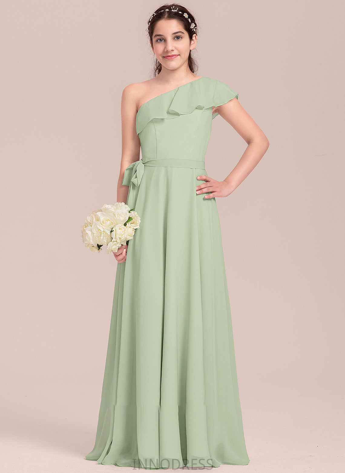 Chiffon Aleena With Cascading Junior Bridesmaid Dresses Ruffles A-Line One-Shoulder Floor-Length