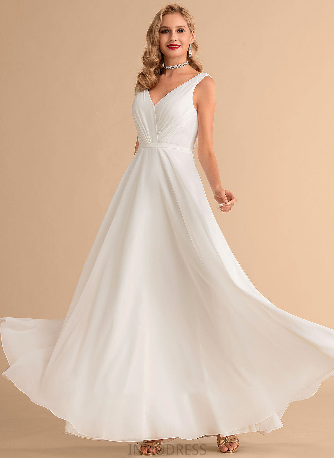 With A-Line Chiffon Ruffle Floor-Length Wedding V-neck Wedding Dresses Adalynn Dress