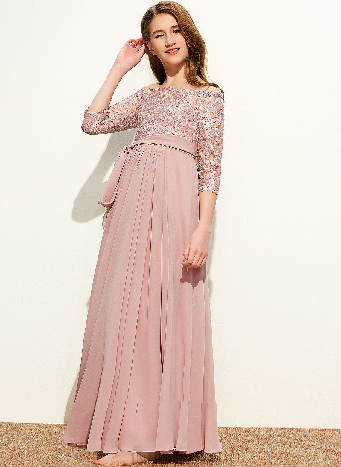 A-Line Off-the-Shoulder Rylie Bow(s) Lace Junior Bridesmaid Dresses Chiffon Floor-Length With