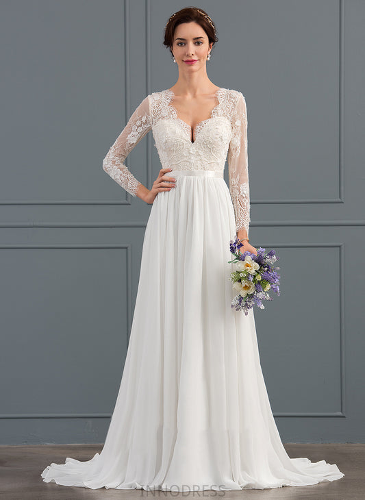 Train With Wedding Dresses Beading Sweep Kailyn Sequins Chiffon A-Line V-neck Wedding Dress Lace