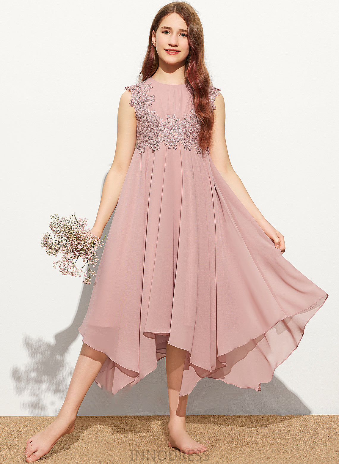 Lia Chiffon Scoop Neck Tea-Length Junior Bridesmaid Dresses Lace A-Line