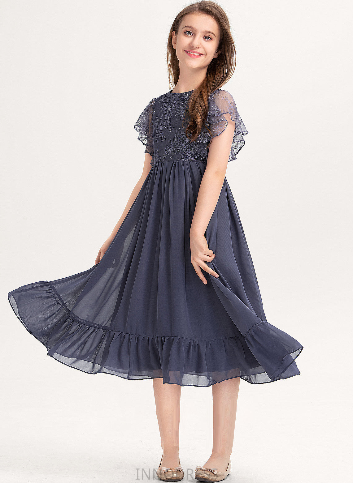 Lace Junior Bridesmaid Dresses With Scoop Cascading Denise Neck Knee-Length A-Line Ruffles Chiffon