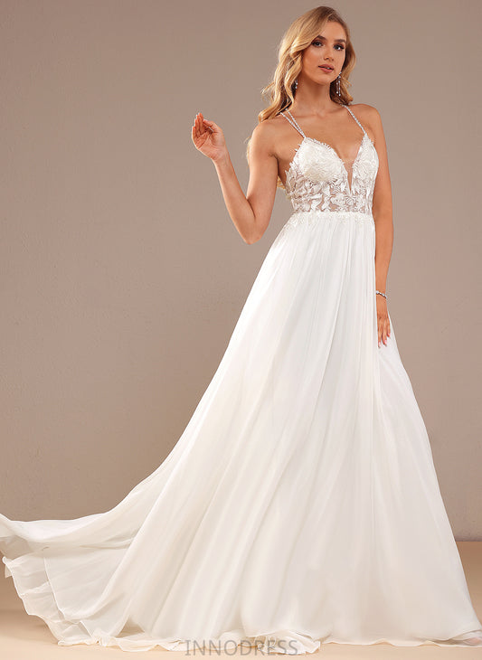 A-Line With Beading Train Sequins Dress Wedding Dresses Sweep Angel Wedding V-neck Lace Chiffon