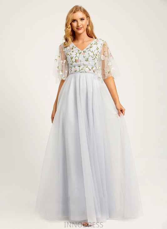 Neckline A-Line Length Fabric Silhouette Flower(s) Embellishment Floor-Length V-neck Quinn Natural Waist A-Line/Princess Bridesmaid Dresses